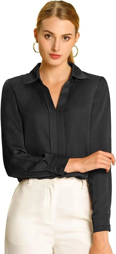 Blusa da donna con maniche lunghe, collo a V e camicia con cravatta elegante, nera, taglie S/M/L/XL