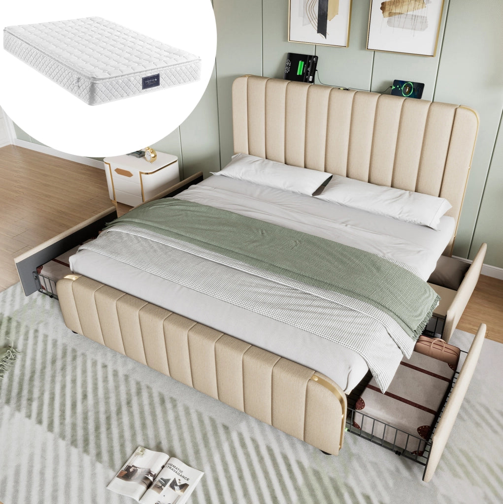 Letto imbottito 140x200 cm beige con materasso H3, 4 cassetti, USB e Type-C