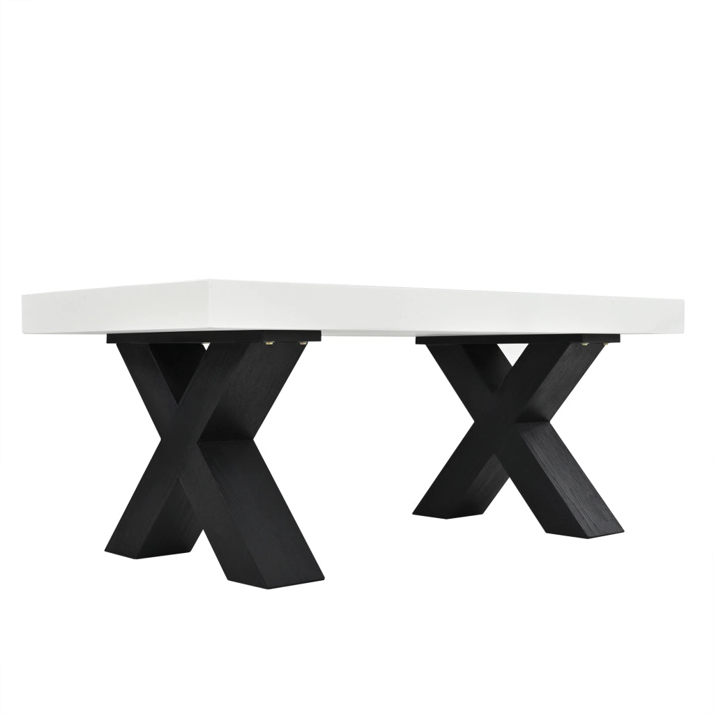 Tavolino basso fisso rettangolare con piano lucido e gambe a X in MDF bianco e nero 100 × 50 × 40 cm