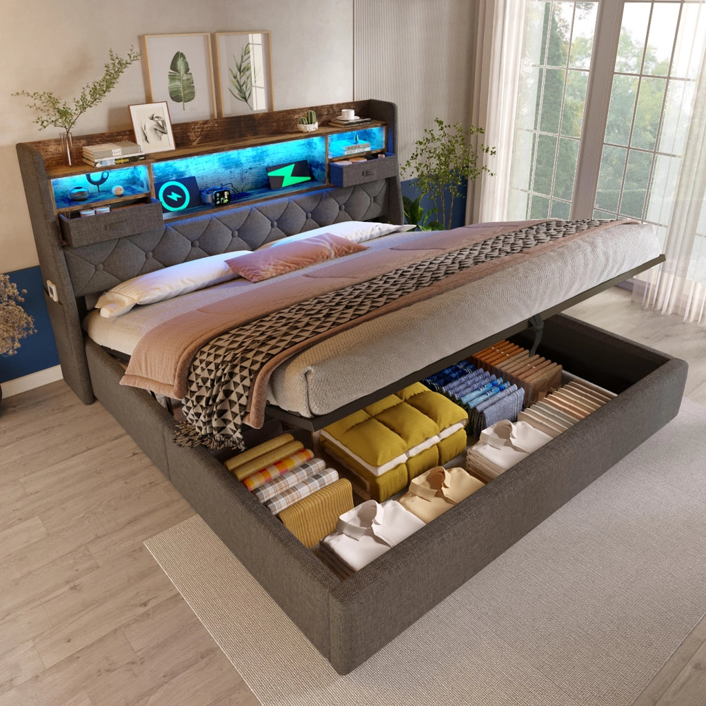 Letto contenitore matrimoniale imbottito 180x200 cm con testiera LED; 4 porte USB/USB-C; sollevamento idraulico; rete a doghe; lino grigio