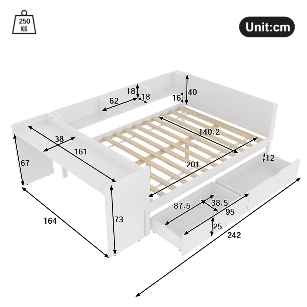 Letto con cassetti 140 × 200 cm con scrivania; 2 cassetti e 3 ripiani in legno di pino bianco senza materasso