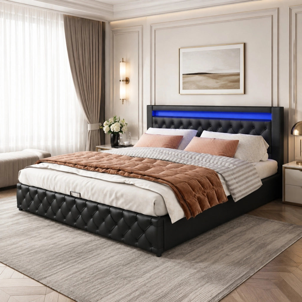 Letto matrimoniale imbottito 160x200 cm con contenitore e LED; rivestimento in PU nero