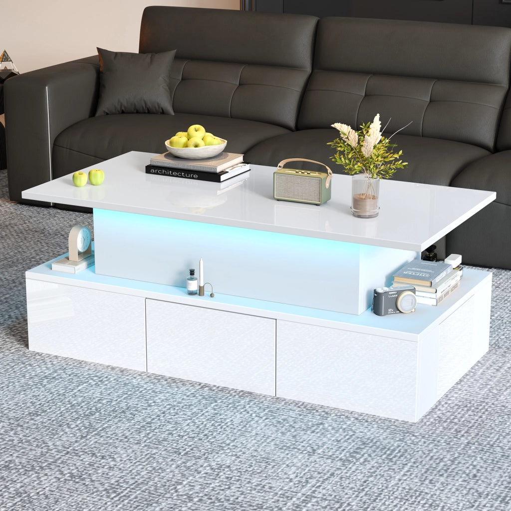 Tavolino da salotto elevabile 100x50x40 cm in MDF bianco lucido con LED e 4 cassetti