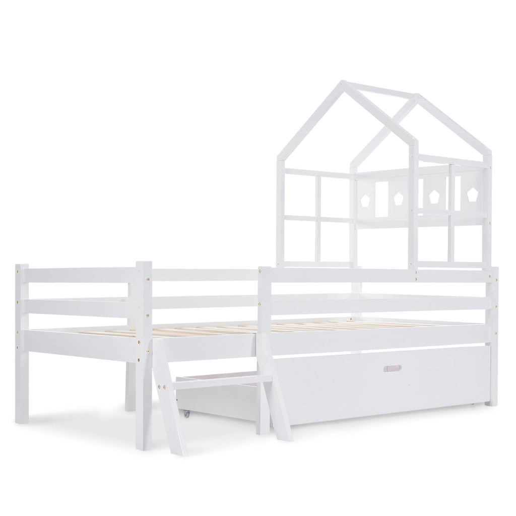Letto a soppalco per bambini 90x200 cm con scala; cassetto e rete a doghe bianco