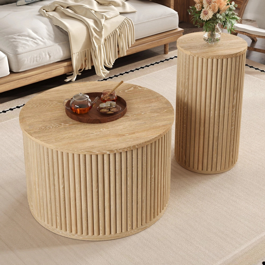 Set di 2 tavolini da salotto rotondi in MDF naturale con motivo a listelli verticali