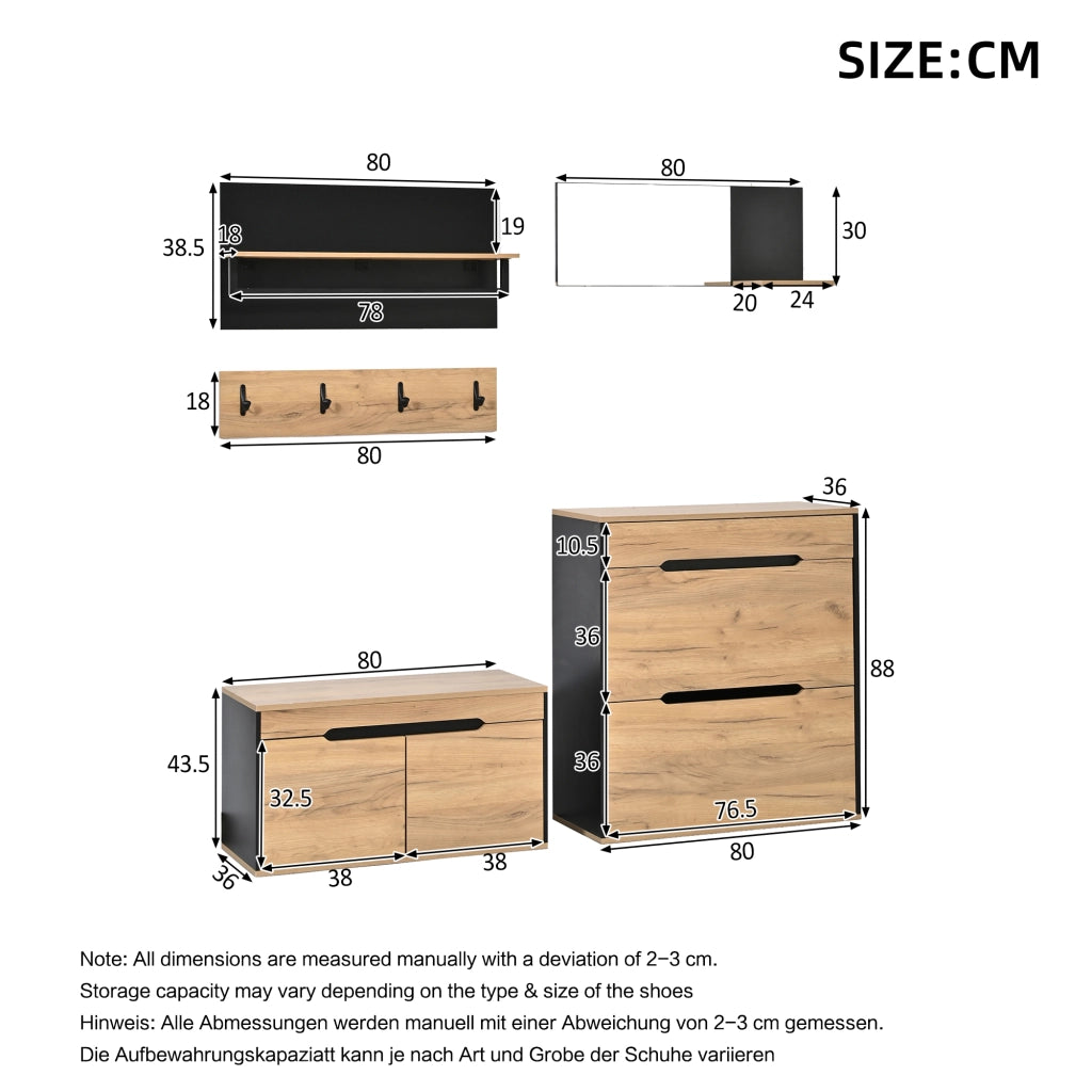 Set guardaroba con armadio, cassetto, specchio, 2 scarpiera, cappelliera e 4 ganci, scarpiera con panca, nero e legno, 156 x 36 x 176 cm