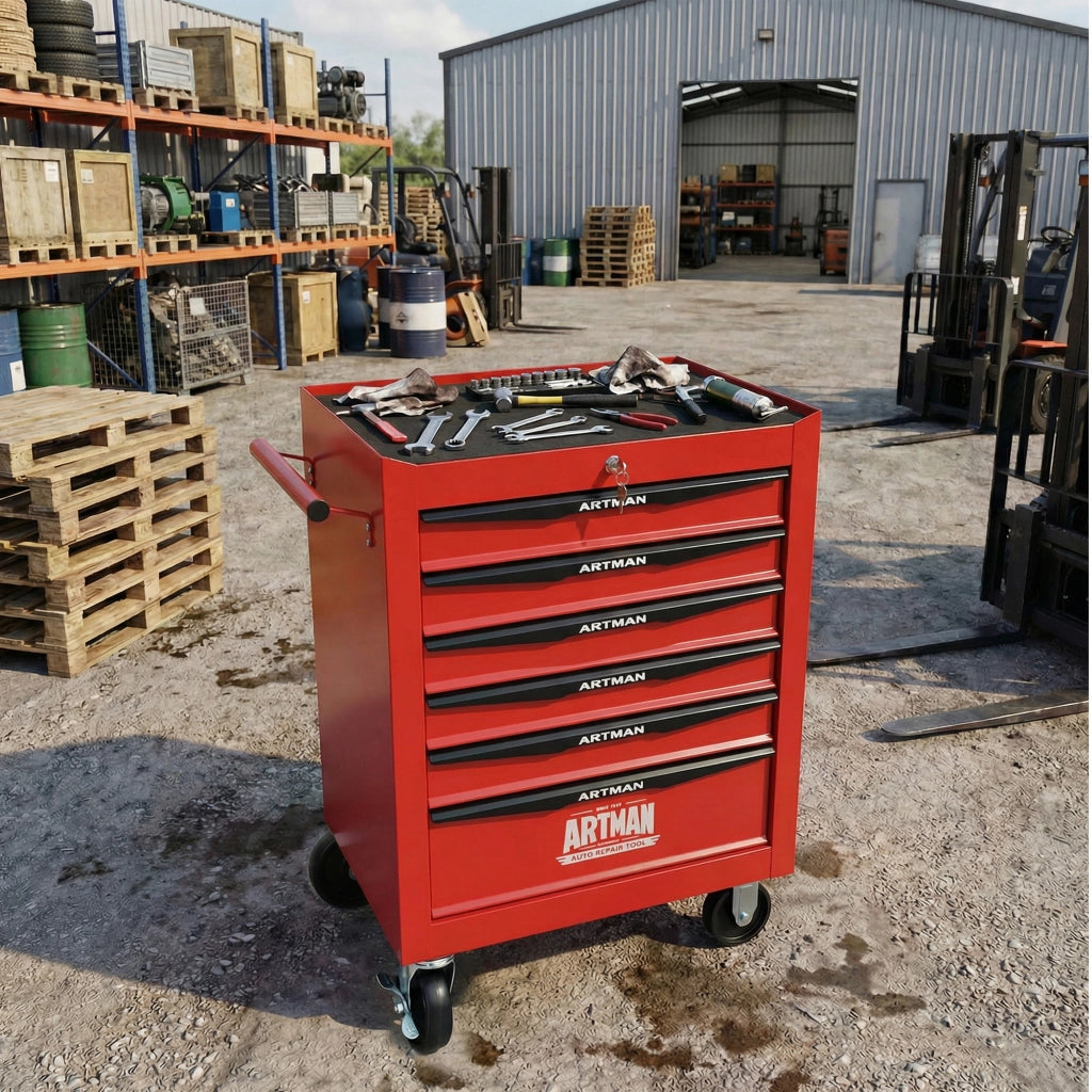 Armadio da officina mobile con 6 cassetti e ruote con freno in acciaio rosso e nero 60.0 × 33.0 × 77.5 cm