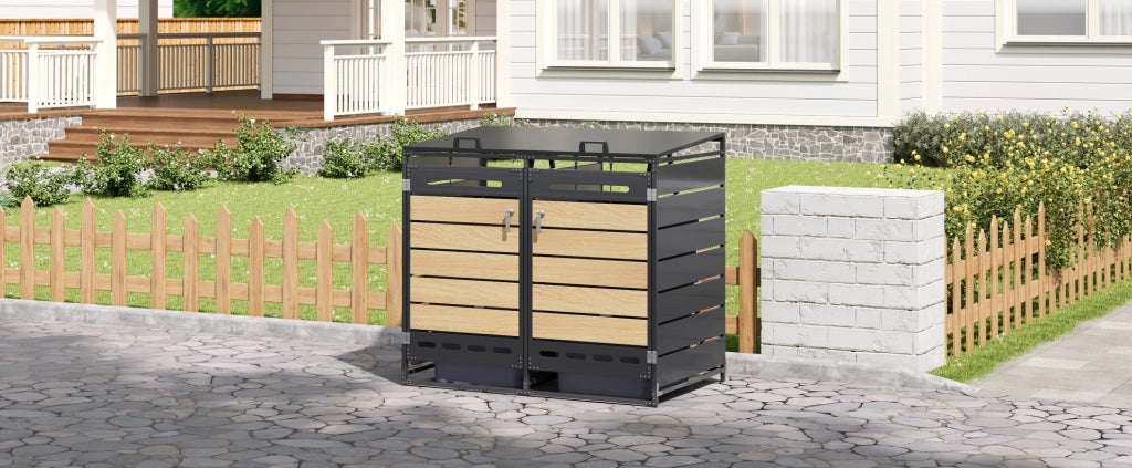 Cassa per bidoni rifiuti da giardino in ferro con rivestimento effetto legno orizzontale, coperchio idraulico e serrature, colore nero