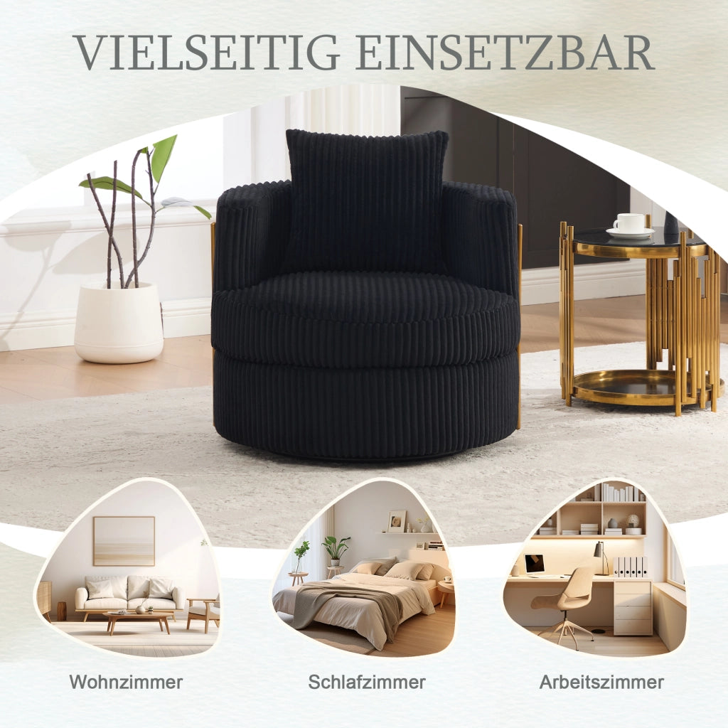 Poltrona girevole a 360 gradi in velluto a coste nera con vano contenitore e seduta imbottita 76 × 79 × 78 cm