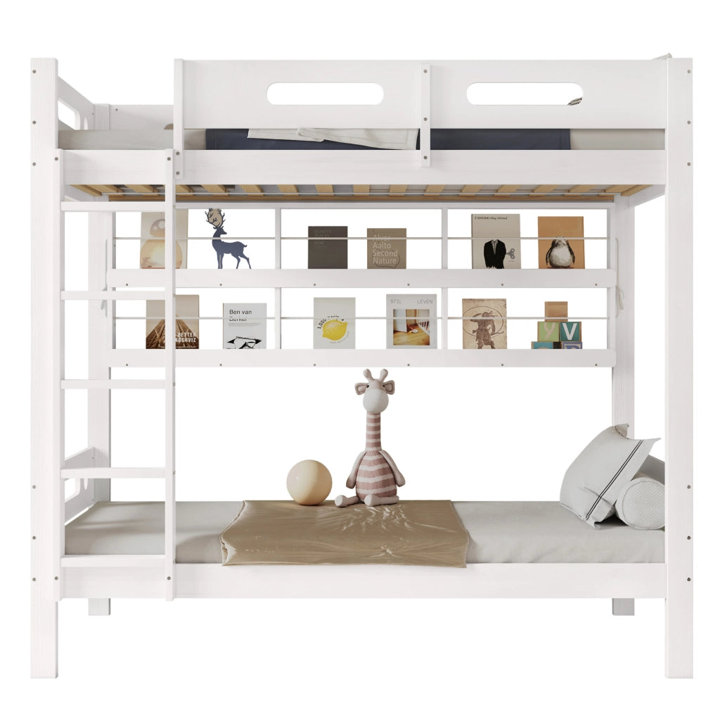 Letto a castello per bambini 90x200 cm in legno e MDF bianco con ripiani