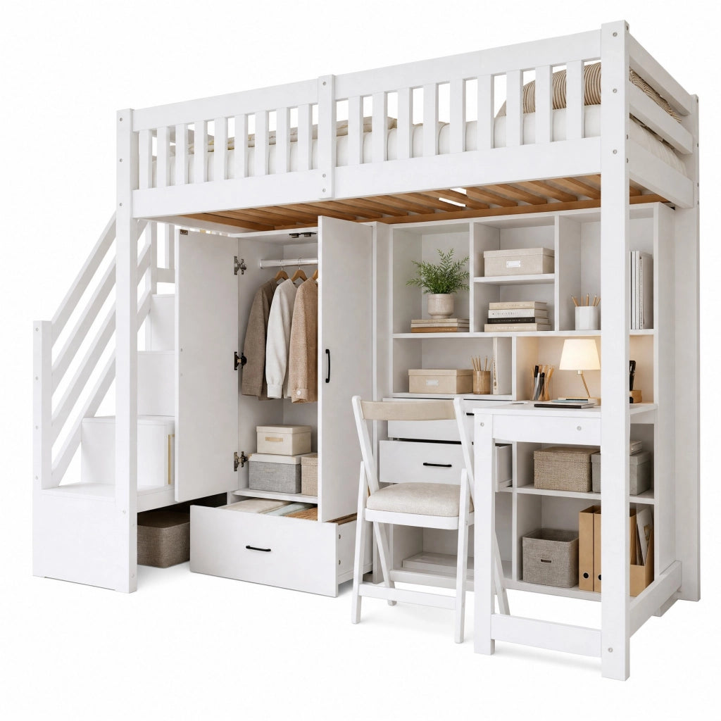 Letto a soppalco 90x200 cm con scrivania, armadio, cassetti e scaletta con contenitori, bianco, senza materasso