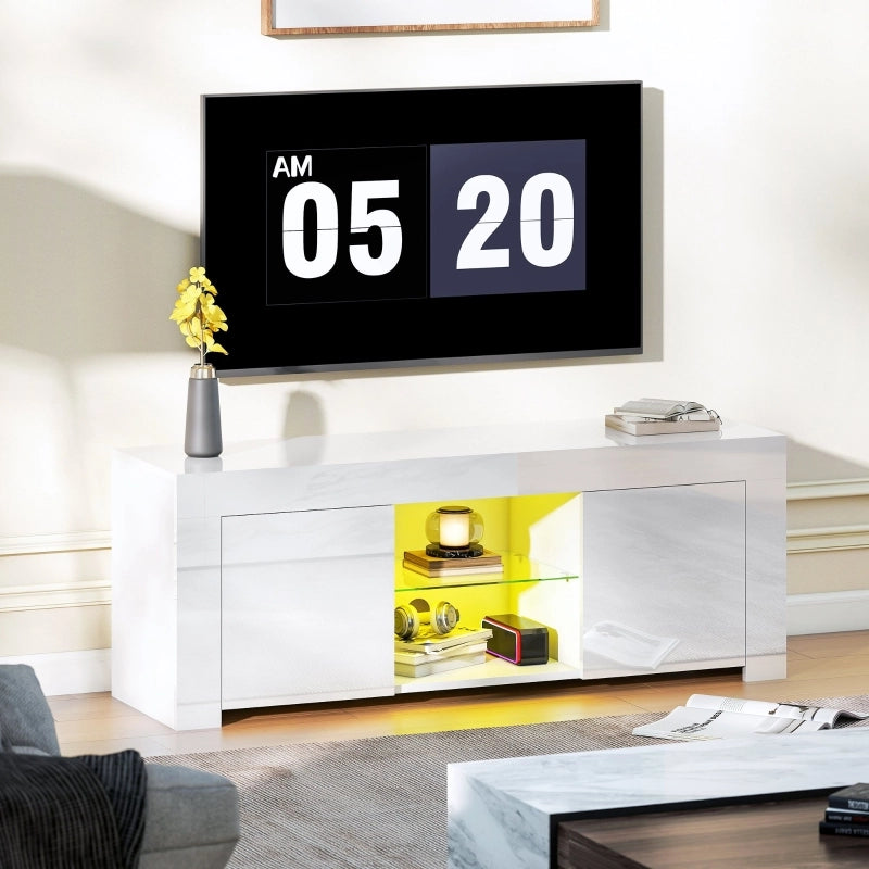 Mobile TV con 2 ante, 2 vani aperti e LED - per soggiorno - in vetro - bianco