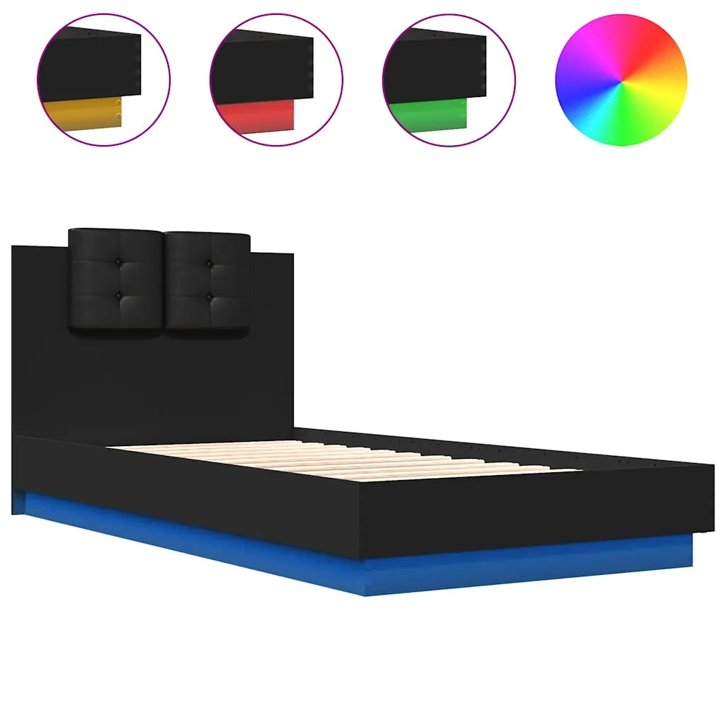 Letto singolo | Letto per adulti | Giroletto con Testiera e LED Nero 75x190 cm
