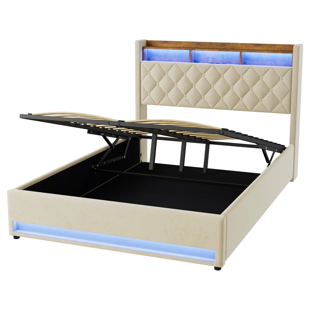 Letto contenitore imbottito 140x200 cm con luce LED; presa elettrica e porta USB; velluto; beige; senza materasso