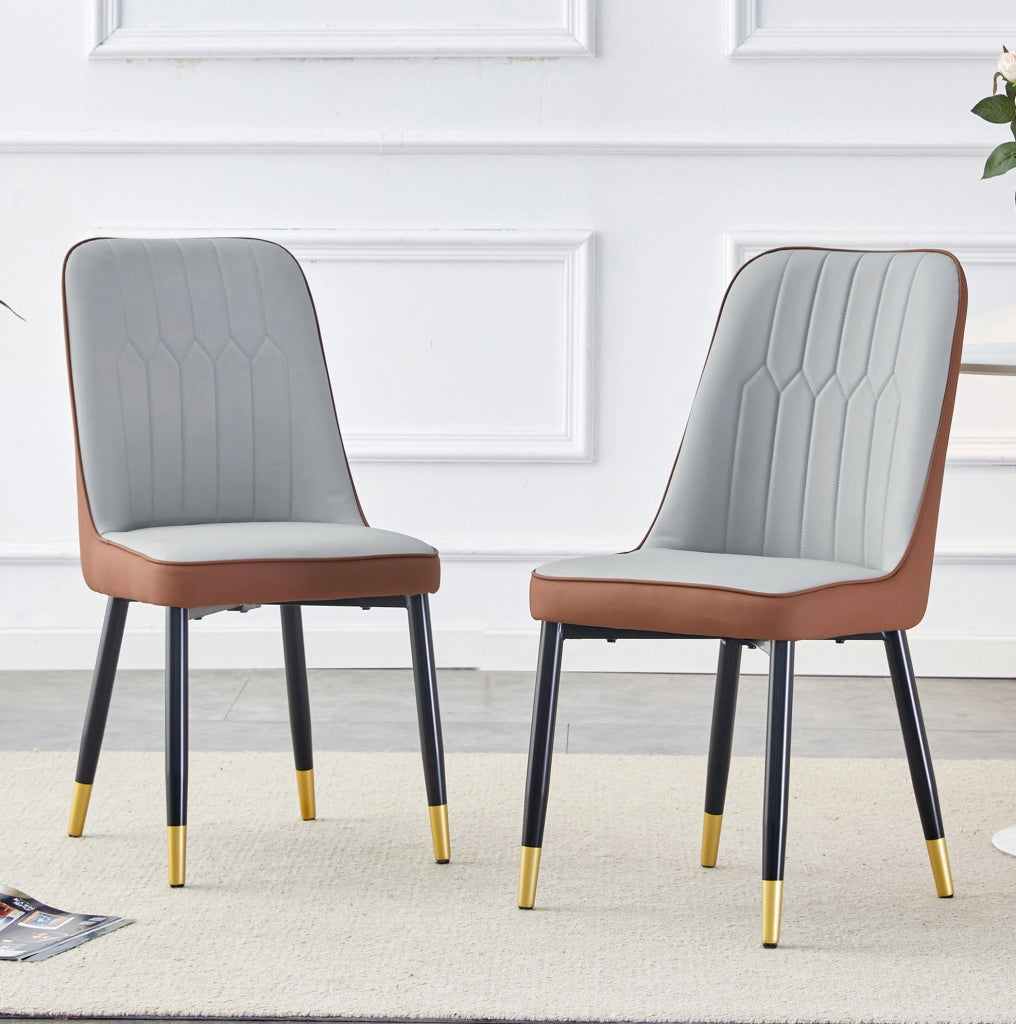 Set da 2 sedie da pranzo moderne con schienale in ecopelle bicolore grigio chiaro e marrone e gambe in metallo nero