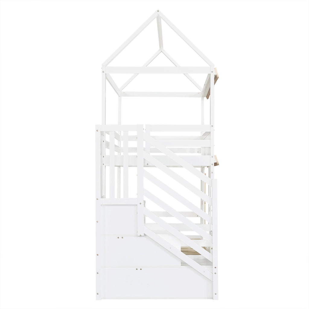 Letto a castello a casetta 90x200 cm con 2 cassetti e scala contenitore; bianco e naturale