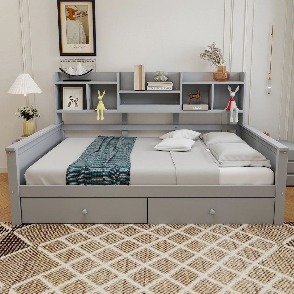 Letto singolo a divano 90 ¡Á 200 cm in legno grigio con cassetti vani laterali e rete a doghe