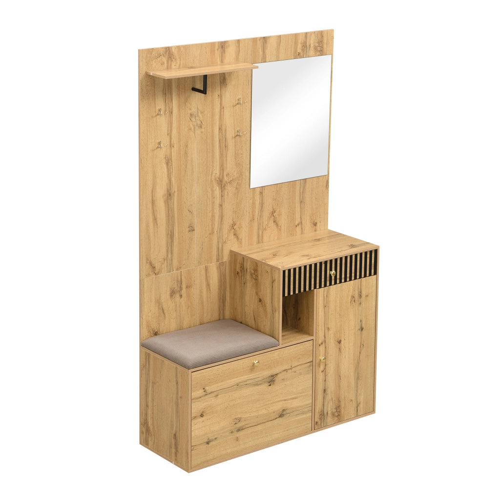 Mobile da ingresso 110x37x185,5 cm in MDF nero e naturale con specchio