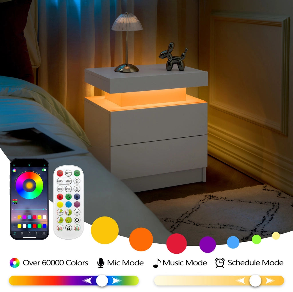 Set di 2 Comodini Moderni con LED Regolabile, 2 Cassetti, Bianco per Camera da Letto