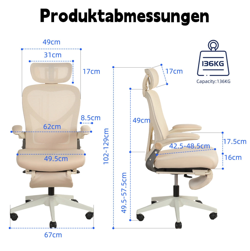 SEDIA UFFICIO Ergonomica Pieghevole con Poggiatesta 3D Crema