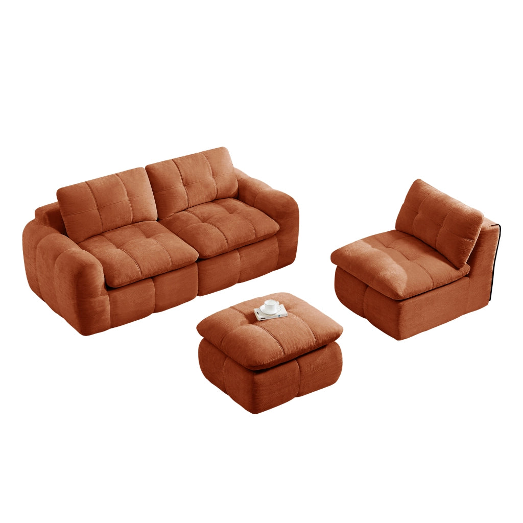 Divano angolare modulare a 3 posti in chenille arancione con pouf e struttura senza telaio per soggiorno