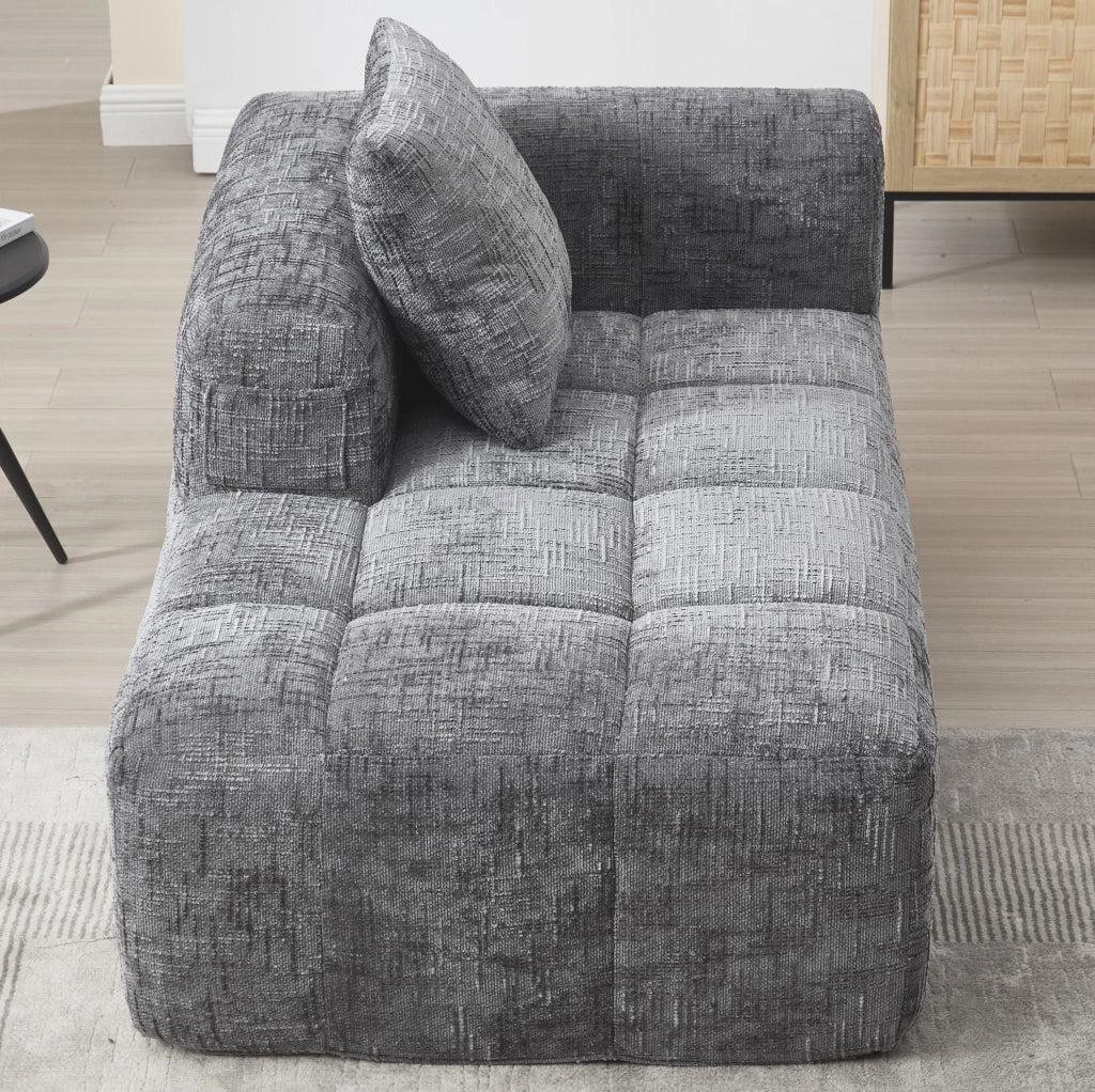 Divano chaise longue in ciniglia grigio con tasche laterali e cuscino