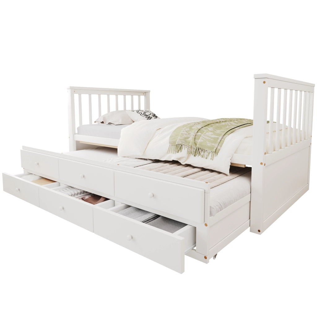 Letto singolo 90x200 con letto estraibile; ripiani LED dimmerabile e USB; pino e MDF bianco