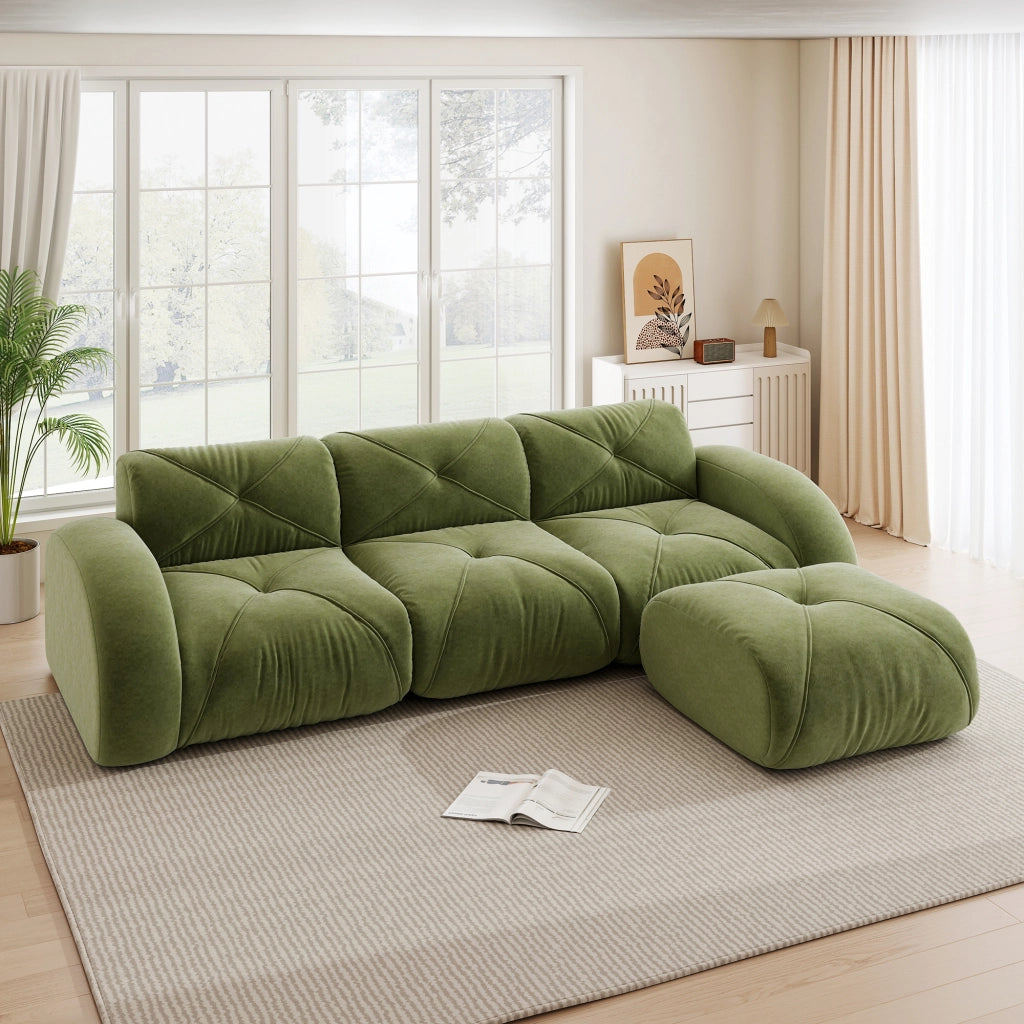 Divano modulare 3 posti con pouf e configurazione flessibile, seduta senza struttura in ciniglia verde