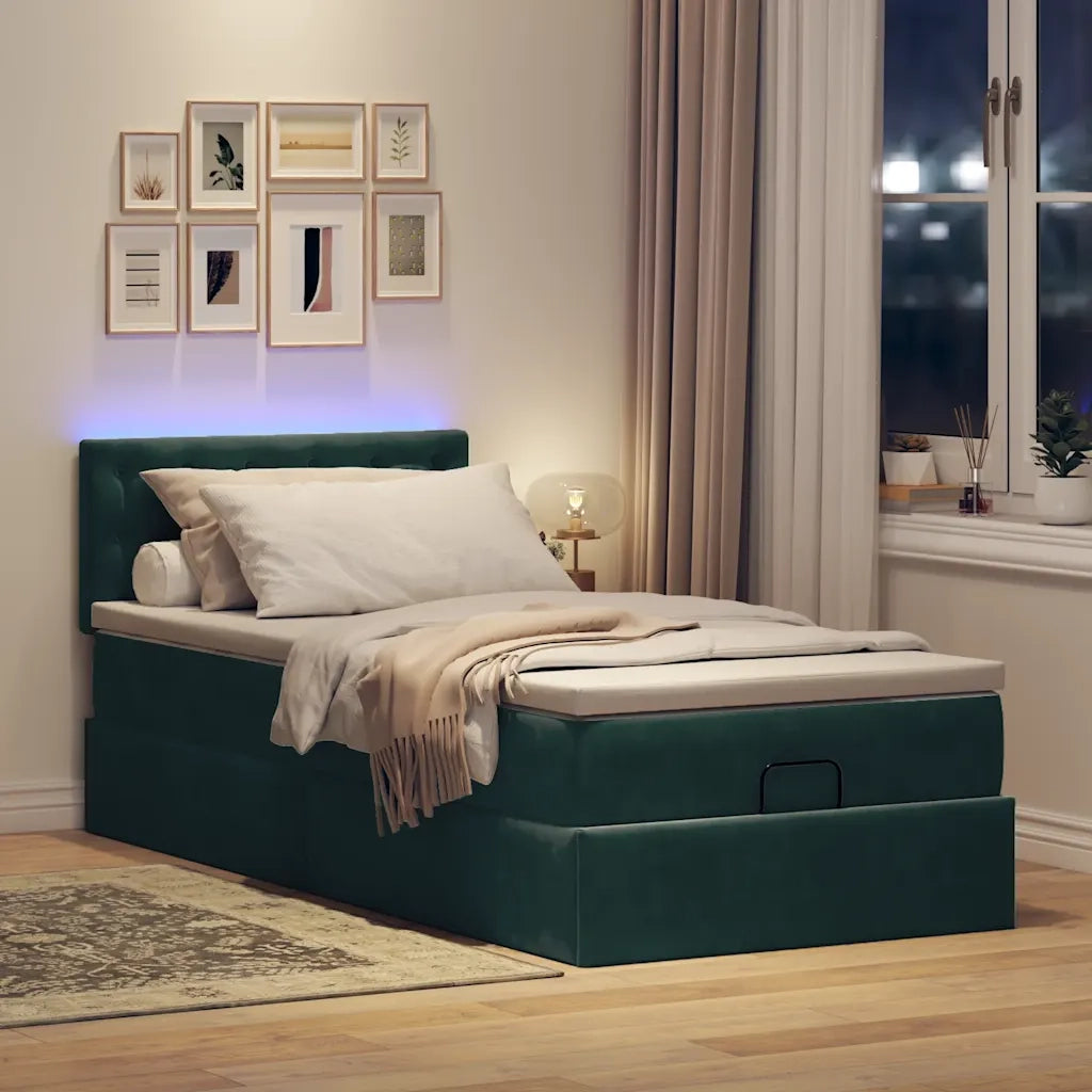 Pouf Letto con Materasso e LED Verde Scuro 90x200cm in Velluto