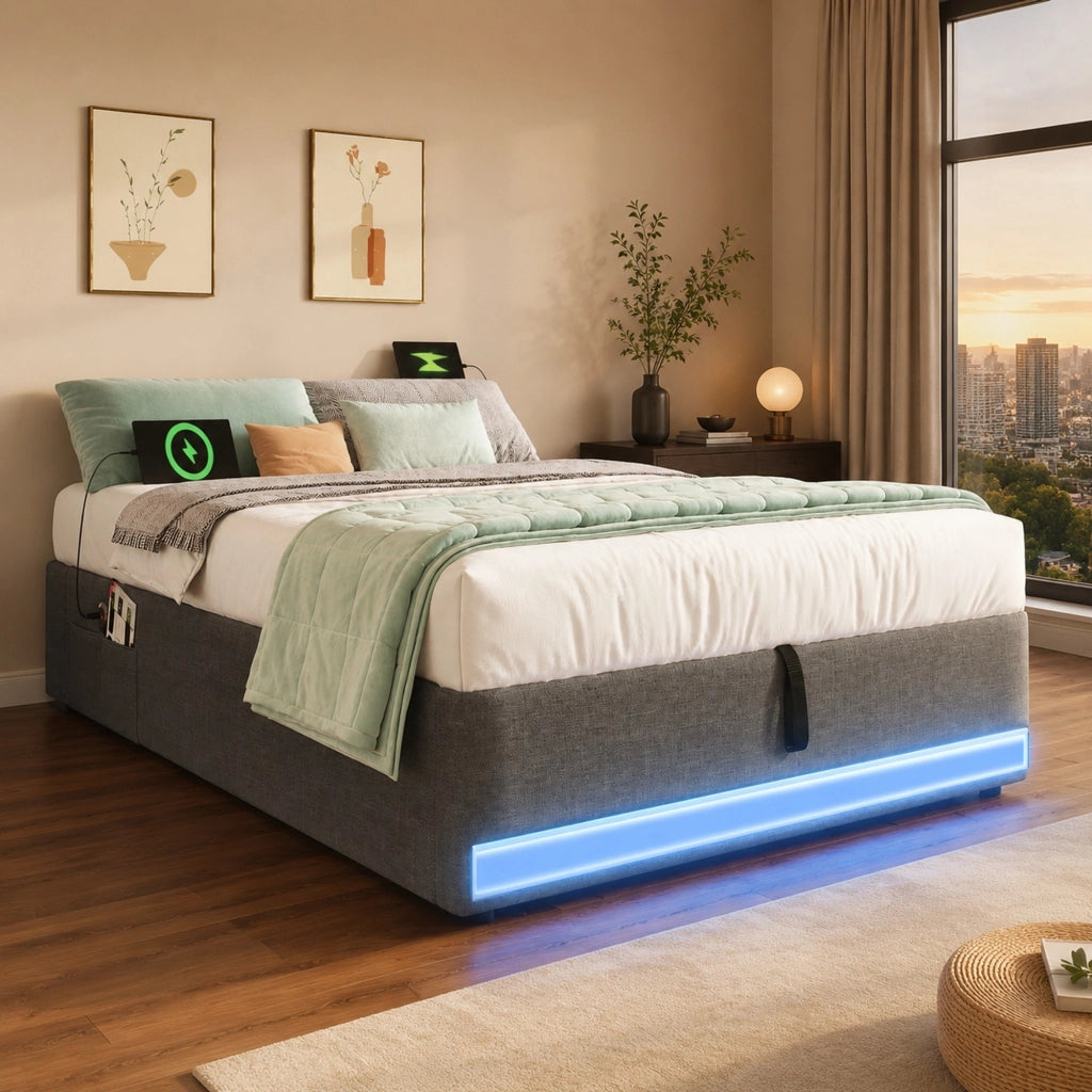 Letto imbottito 90x200 cm con LED, USB e USB-C in lino e MDF grigio