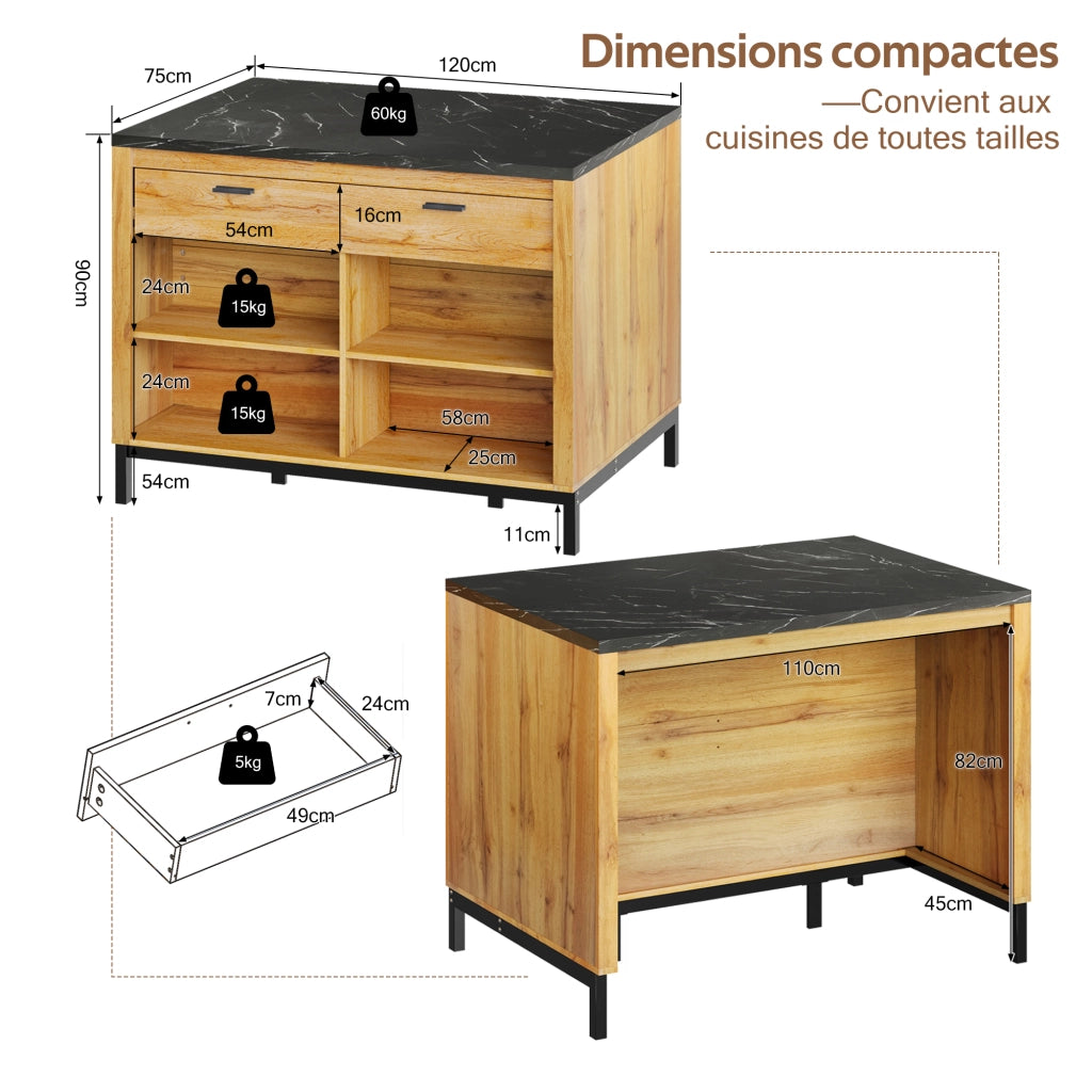 ISOLA CUCINA in stile country 120x75x90 cm MDF Nero e Naturale