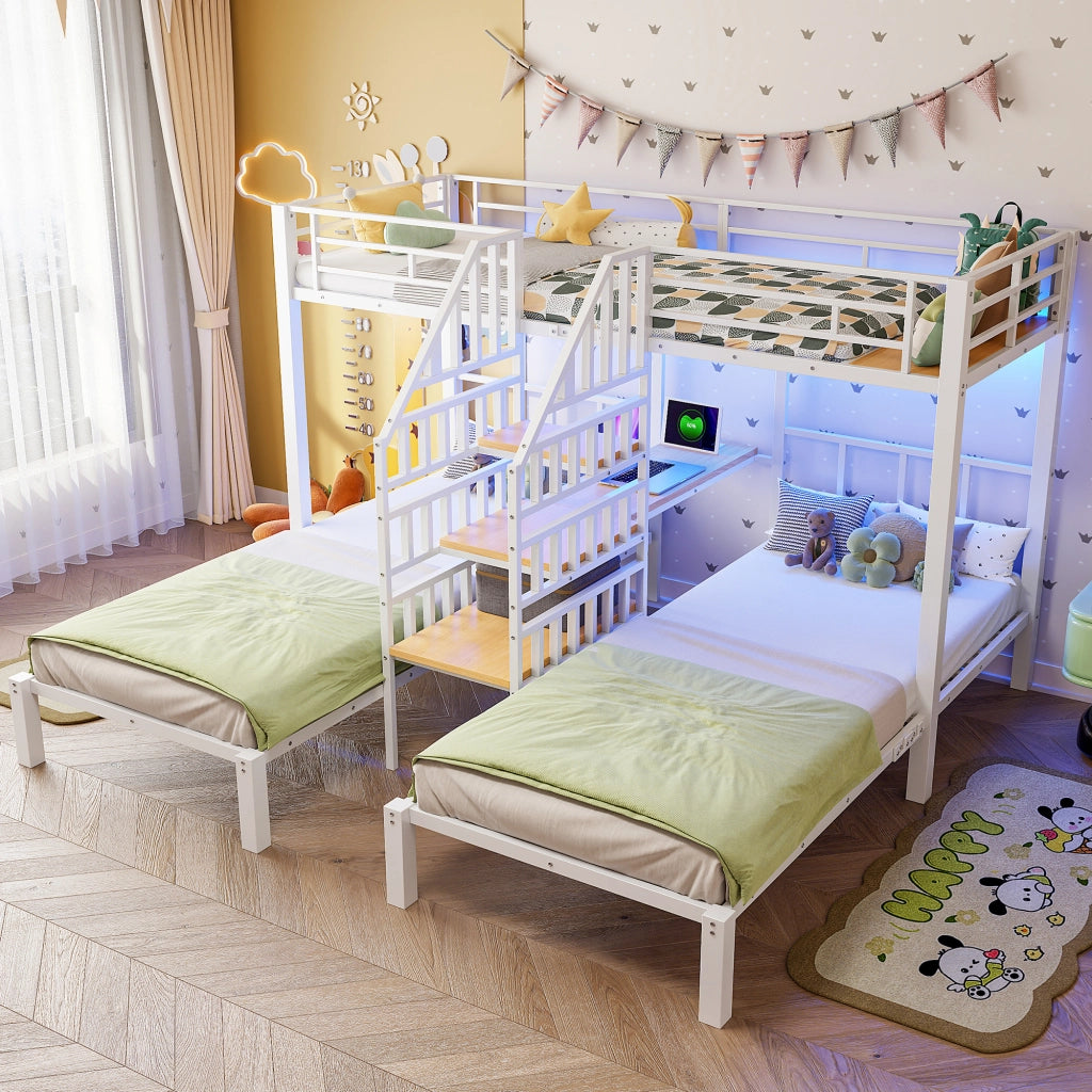 Letto a castello 90 × 200 cm 3 posti con LED; scaletta contenitore; scrivania; USB e presa; senza materasso; bianco