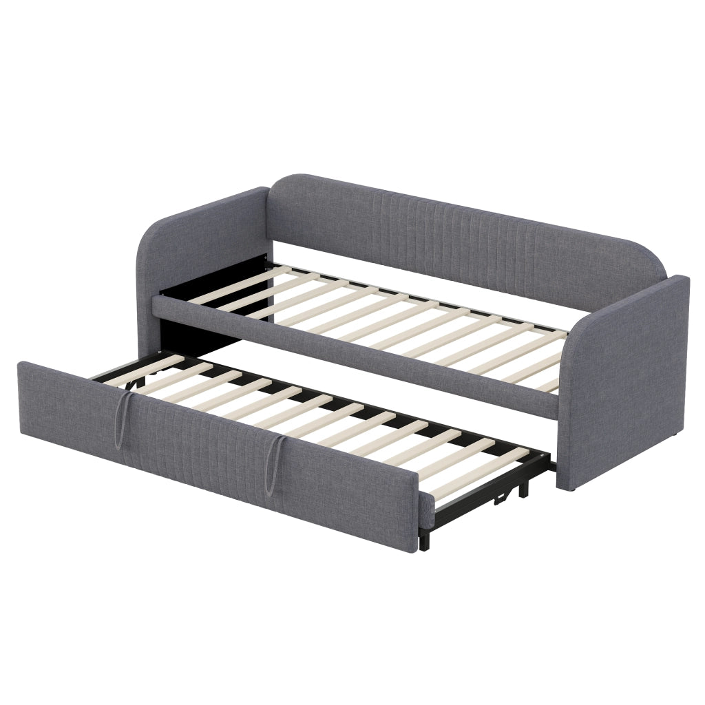 Divano letto imbottito 90x190 cm; letto estraibile 180x190 cm; grigio con rete a doghe