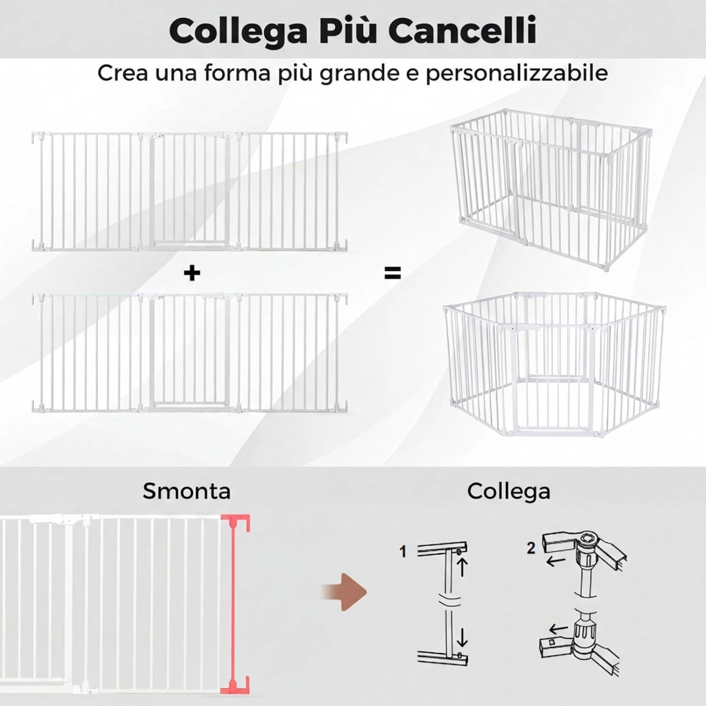 Cancelletto Pieghevole a 3 Pannelli per Cani 198 cm, Bianco
Recinzione in Metallo con Doppia Chiusura, Apertura Bidirezionale Cancello per Bambini e Animali, Ideale per Scala e Camino