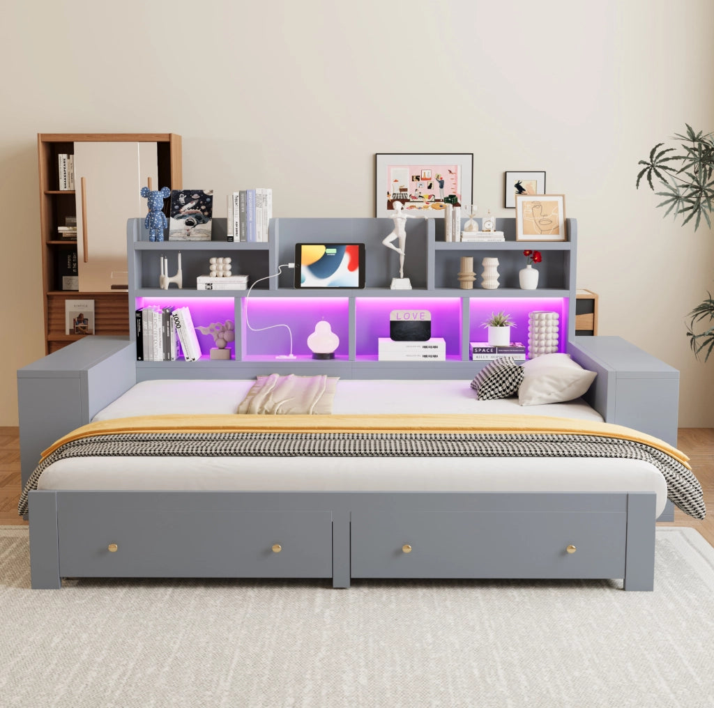 Divano letto estraibile 90x200/180x200 cm con cassetti, LED e prese in compensato e MDF grigio