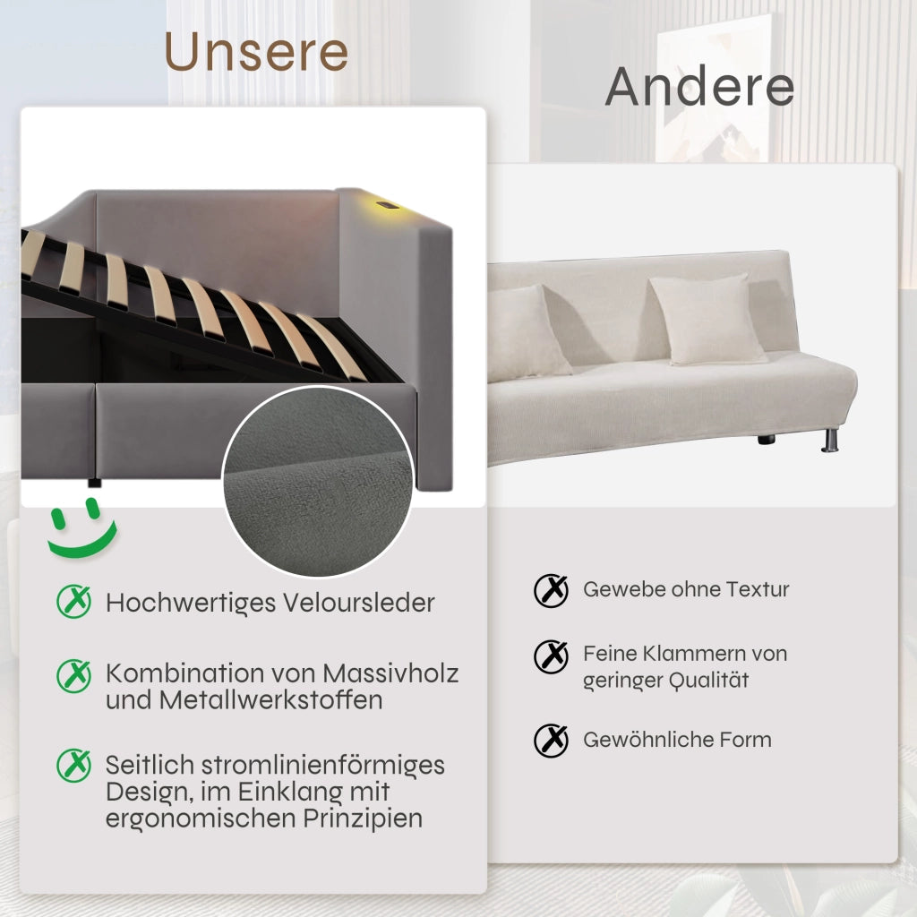 Letto contenitore 90 × 200 cm con rete a doghe idraulica rivestito in velluto grigio con luce da lettura USB-C