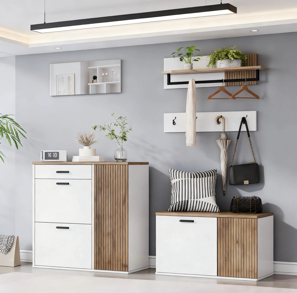 Set di mobili da ingresso 5 pezzi con scaffale porta scarpe, panca, specchio, pannello appendiabiti e ripiano, colore legno e bianco