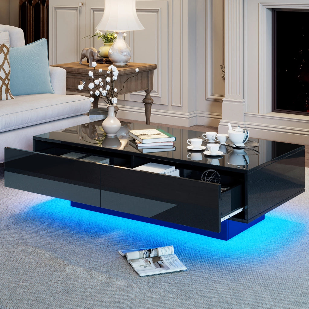 TAVOLINO da caffè 115x55x34 cm nero lucido con 2 cassetti e LED