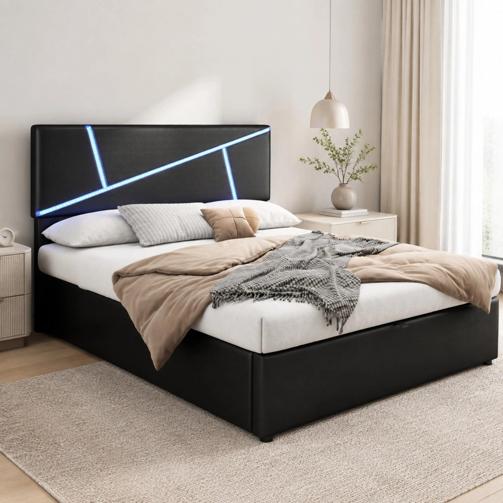 Letto imbottito LED con contenitore e rete a doghe, nero