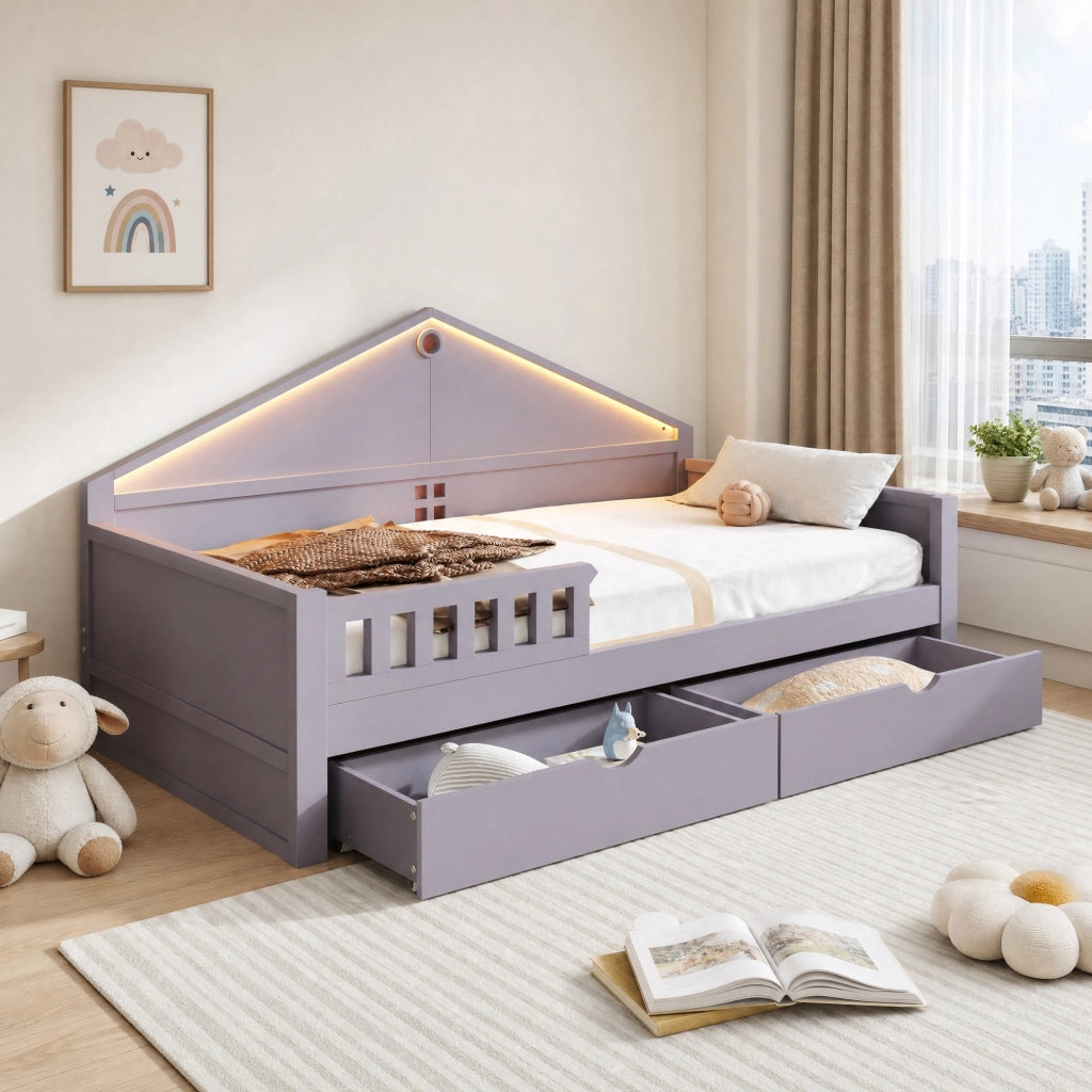 Letto singolo multifunzione 90x200 cm con LED e 2 cassetti; legno massello e MDF; grigio