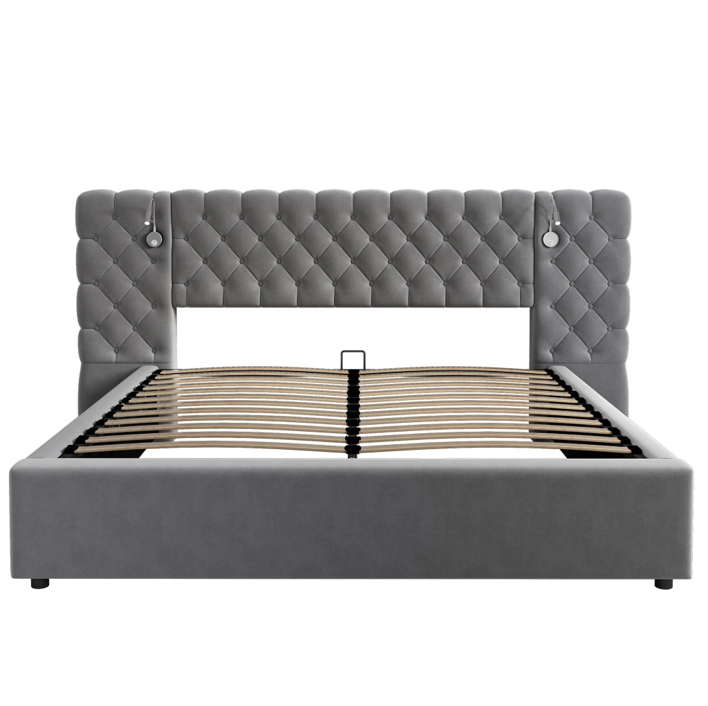Letto 160x200 cm con contenitore idraulico, luce da lettura e rivestimento in velluto grigio