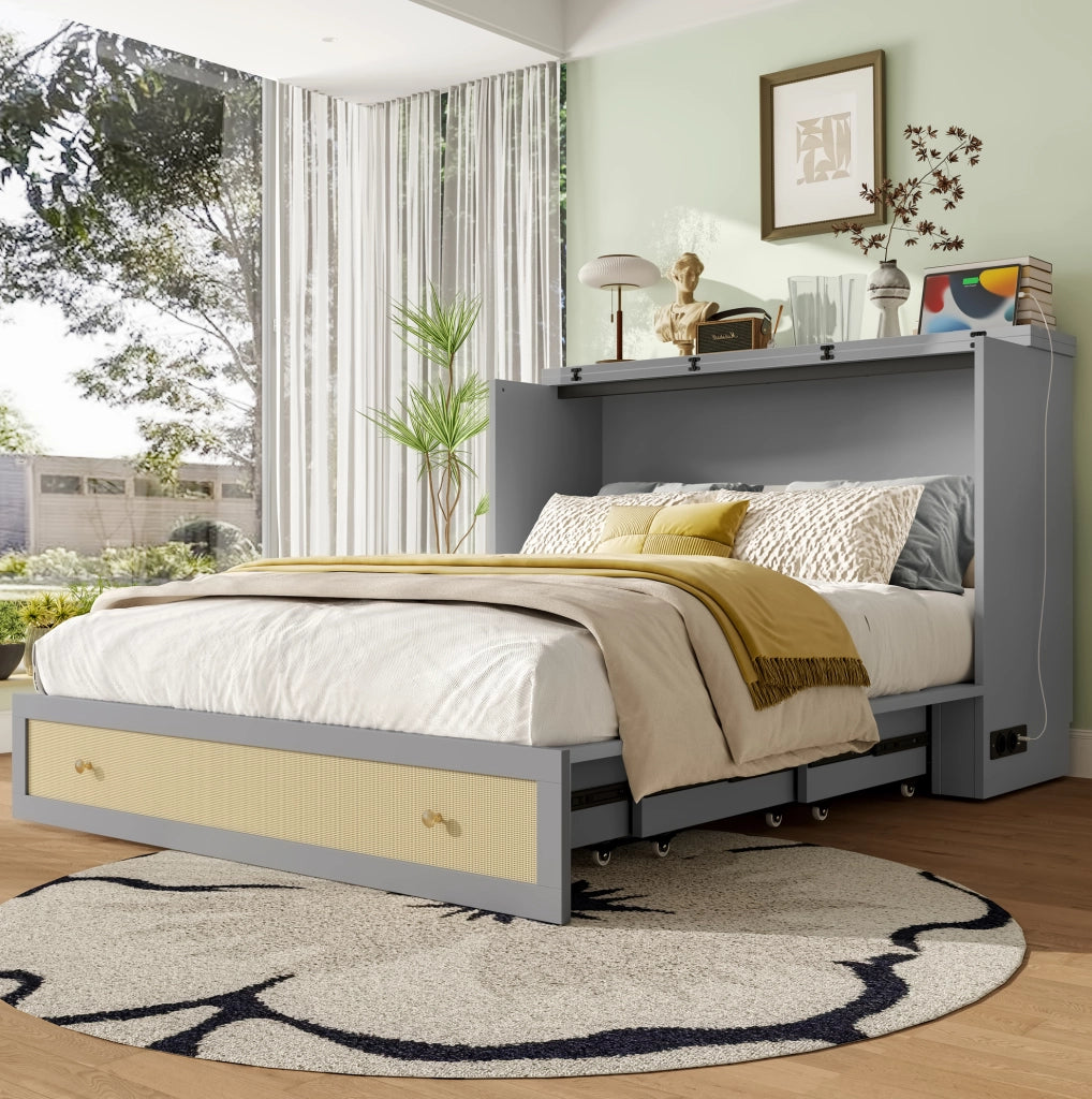 Letto trasformabile 140x200 cm con cassetti; scaffale; USB e presa di corrente; grigio