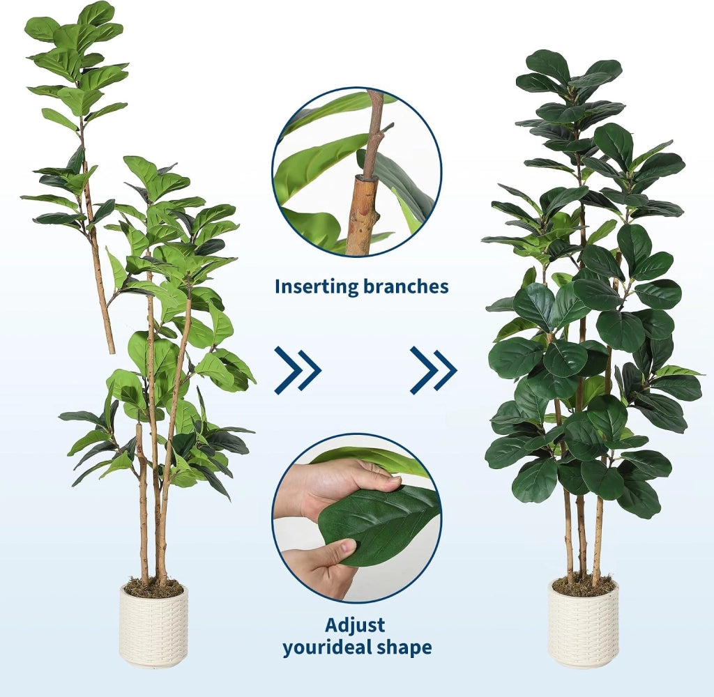 Ficus Lyrata Artificiale 180 cm con Tronco Naturale e Vaso Bianco Lucido