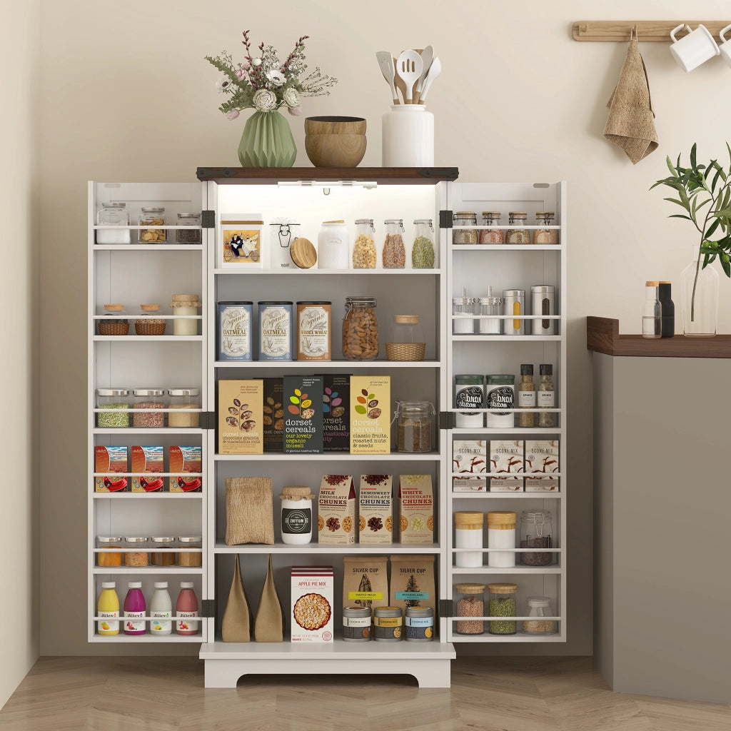 Mobile dispensa credenza da cucina con 12 ripiani e luce LED magnetica regolabile, stile rustico, 60 x 40 x 120 cm, bianco