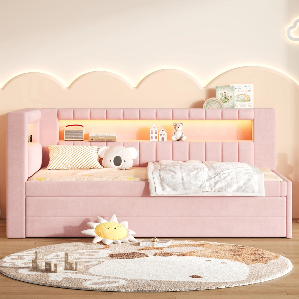 Letto singolo imbottito 90 × 200 cm con letto estraibile tre cassetti USB LED MDF e compensato rosa