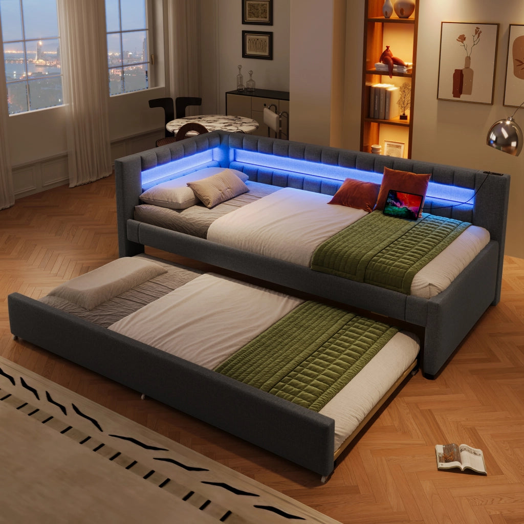 Letto divano estraibile 90 × 200 cm con LED; USB e Type-C; senza materasso; in lino e MDF; grigio