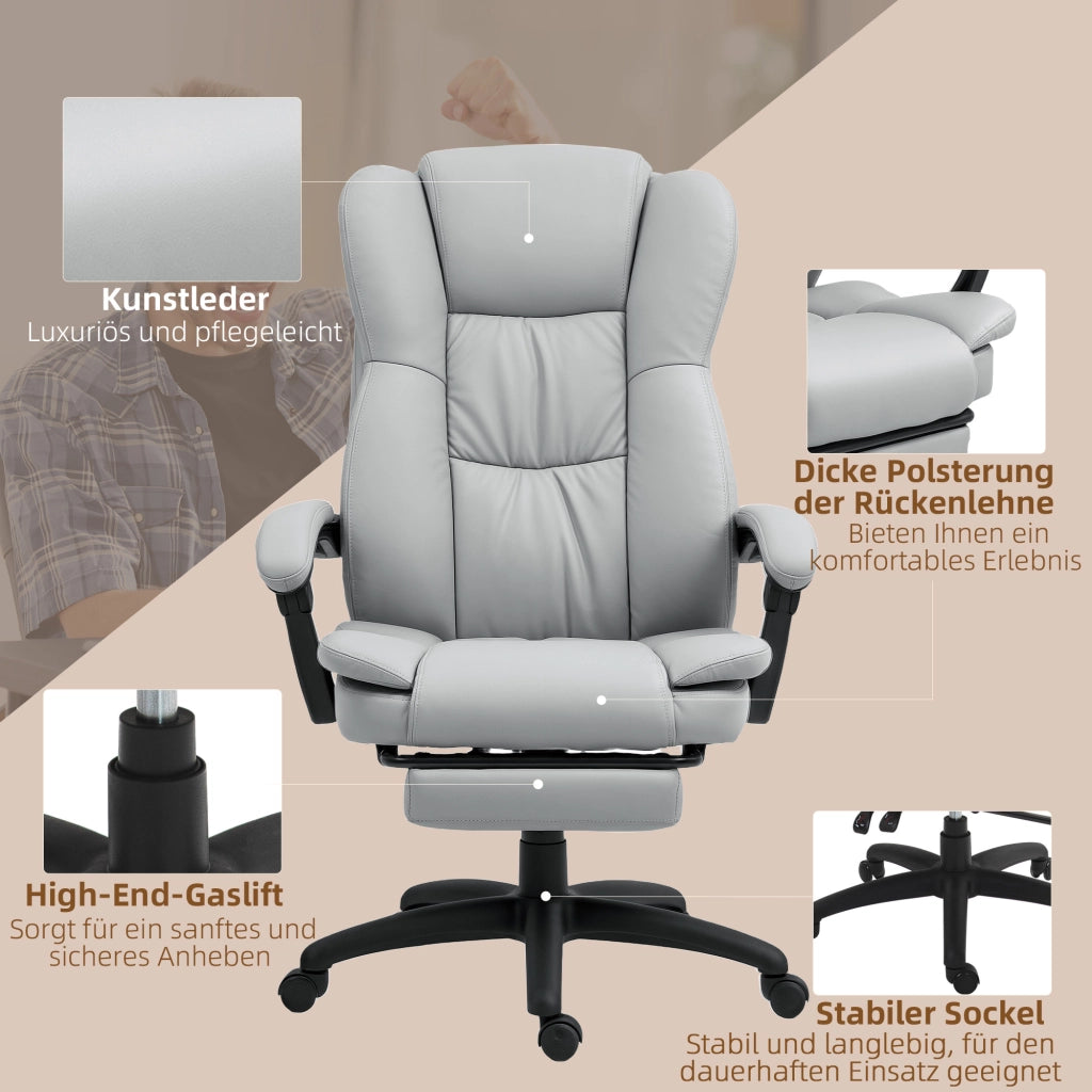 Sedia da ufficio ergonomica con massaggio; schienale reclinabile; poggiapiedi e rotazione 360° in similpelle - grigio chiaro