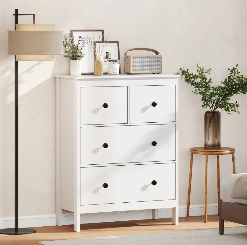 Cassettiera 74x35x97 cm a 4 cassetti in truciolare bianco con maniglie nere