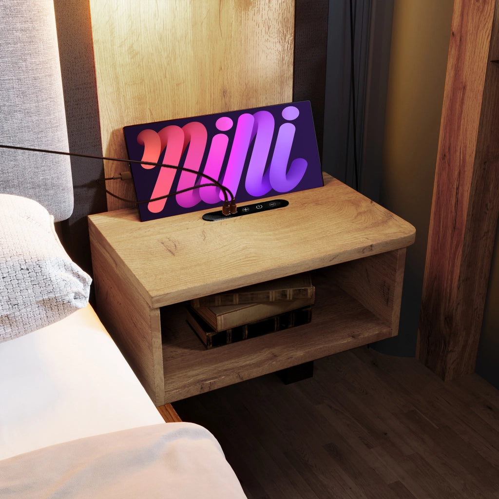 Letto 180x200 cm con comodini; panca contenitore; luci di lettura e USB/Type-C; effetto rovere