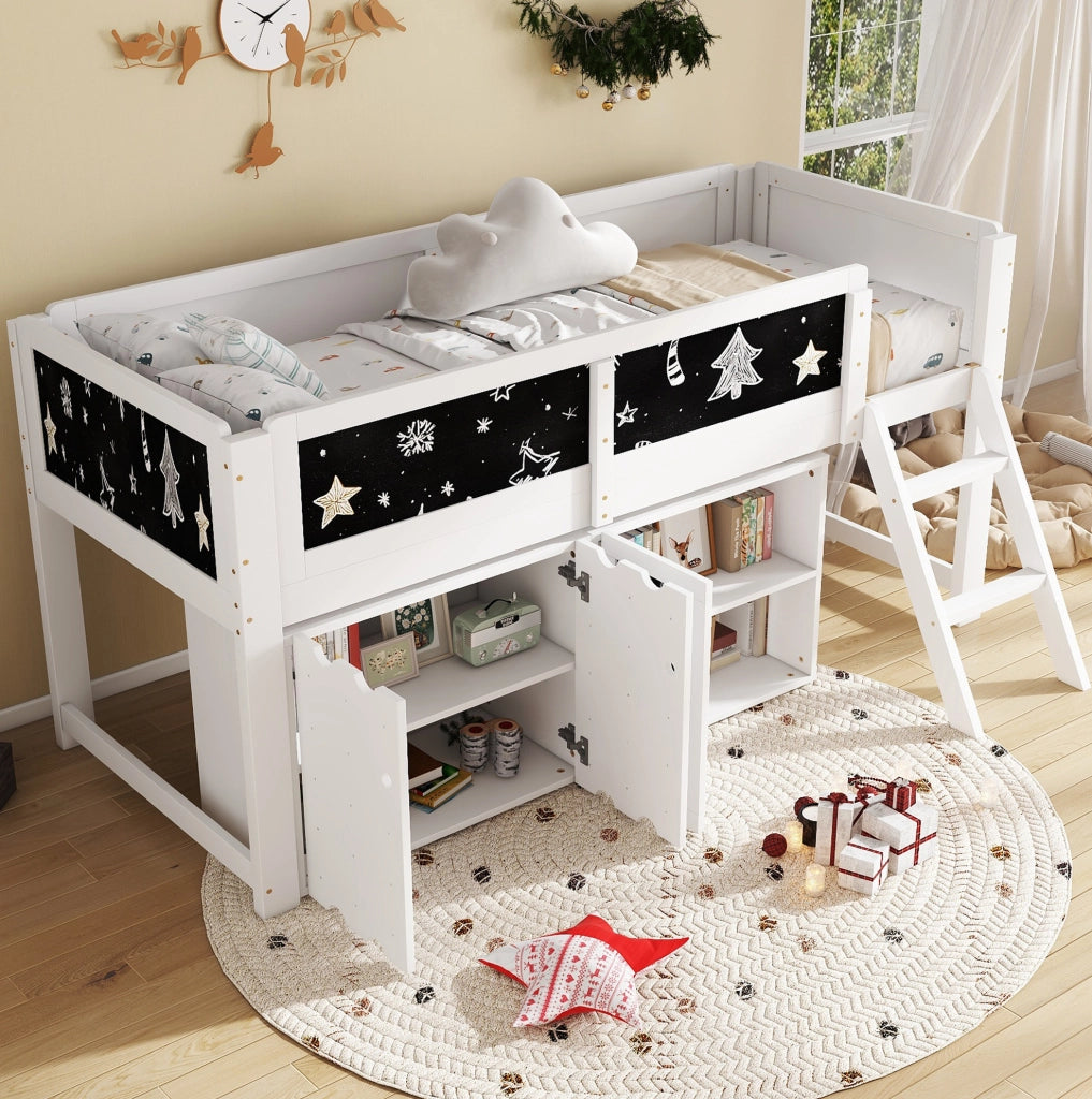 Letto a soppalco bambini 90x200 cm con armadio e lavagna